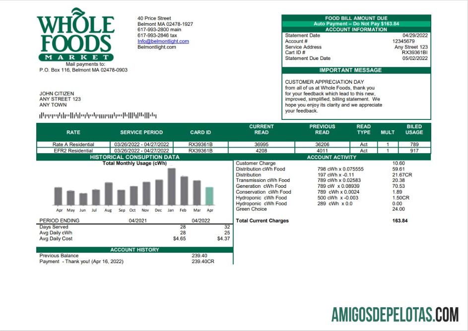 Para baixar modelo de conta de serviços públicos do mercado de alimentos integrais dos EUA em formato Word e PDF